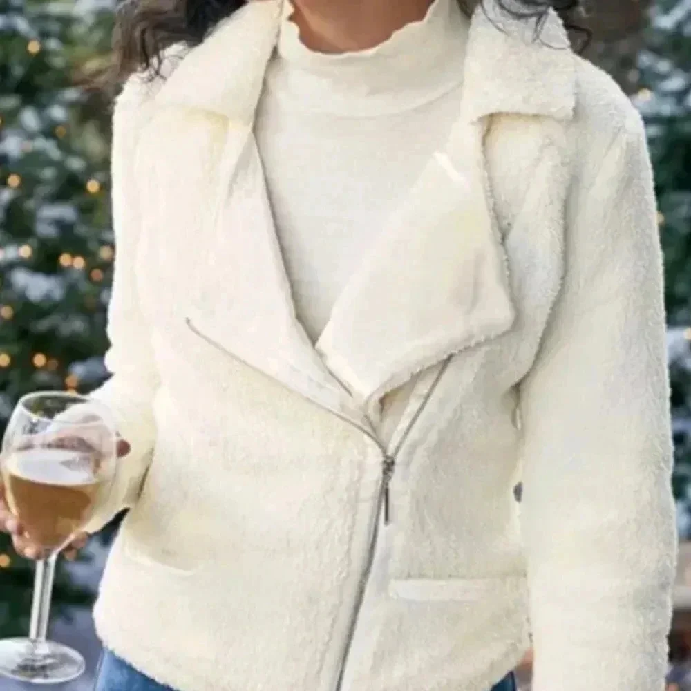 Brand New W Tags Soft Surroundings Mikka Moto Jacket Wmn's M Ivory Sherpa Comfy